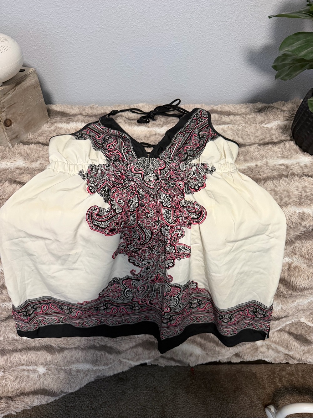 Dotti Cream Mini Dress with Pink and Black Paisley Detail